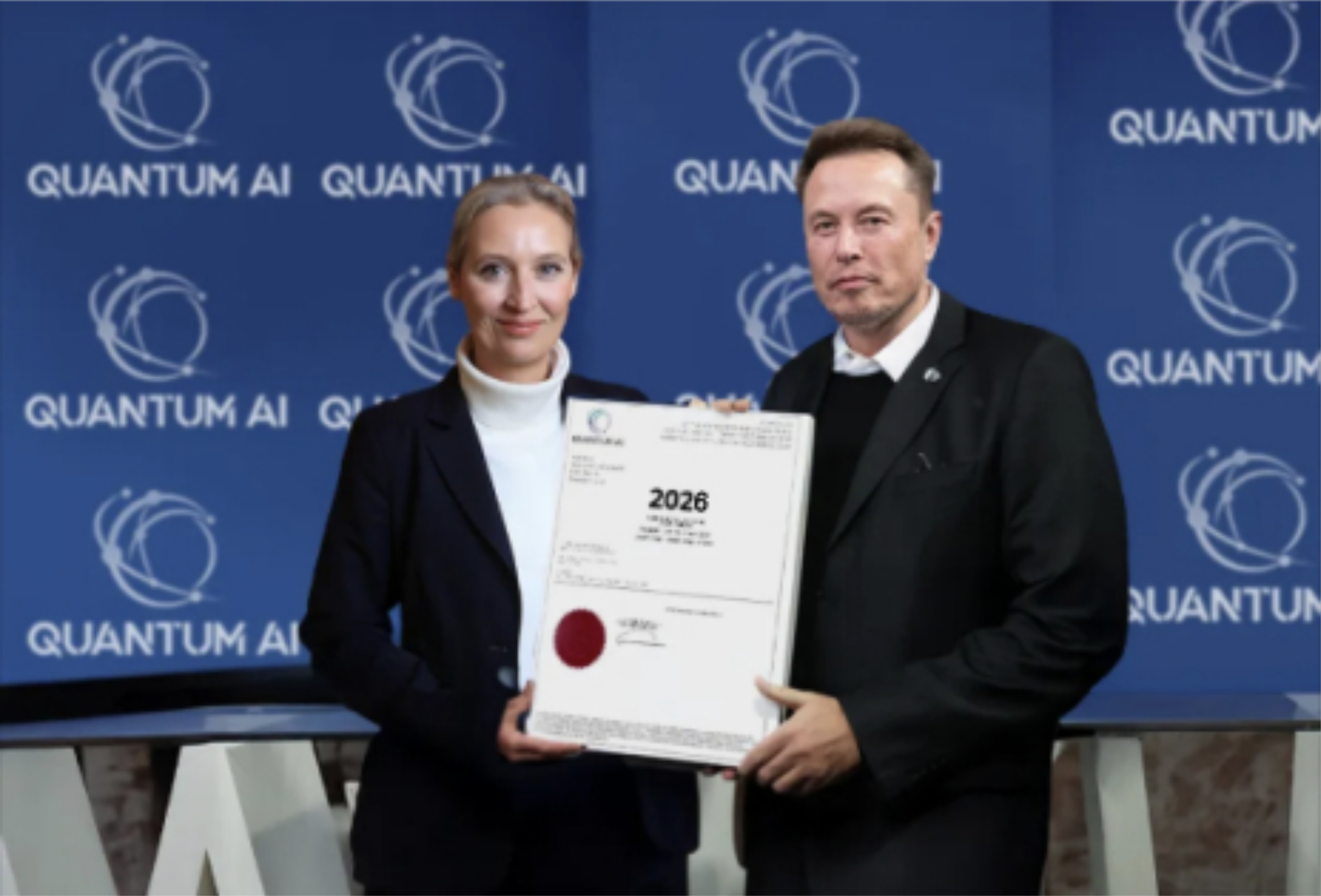 Elon Musk und Alice Weidel halten ein Zertifikat